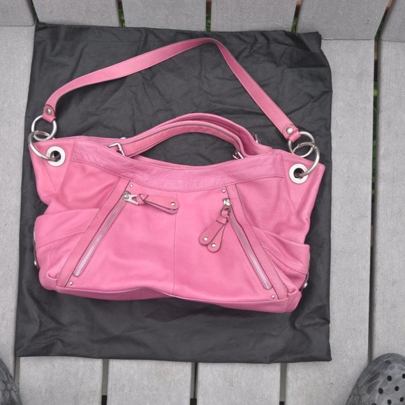 B MAKOWSKY Pink Leather Hobo Shoulder Bag Purse - Leopard Prnt Lined - Picture 2 of 9